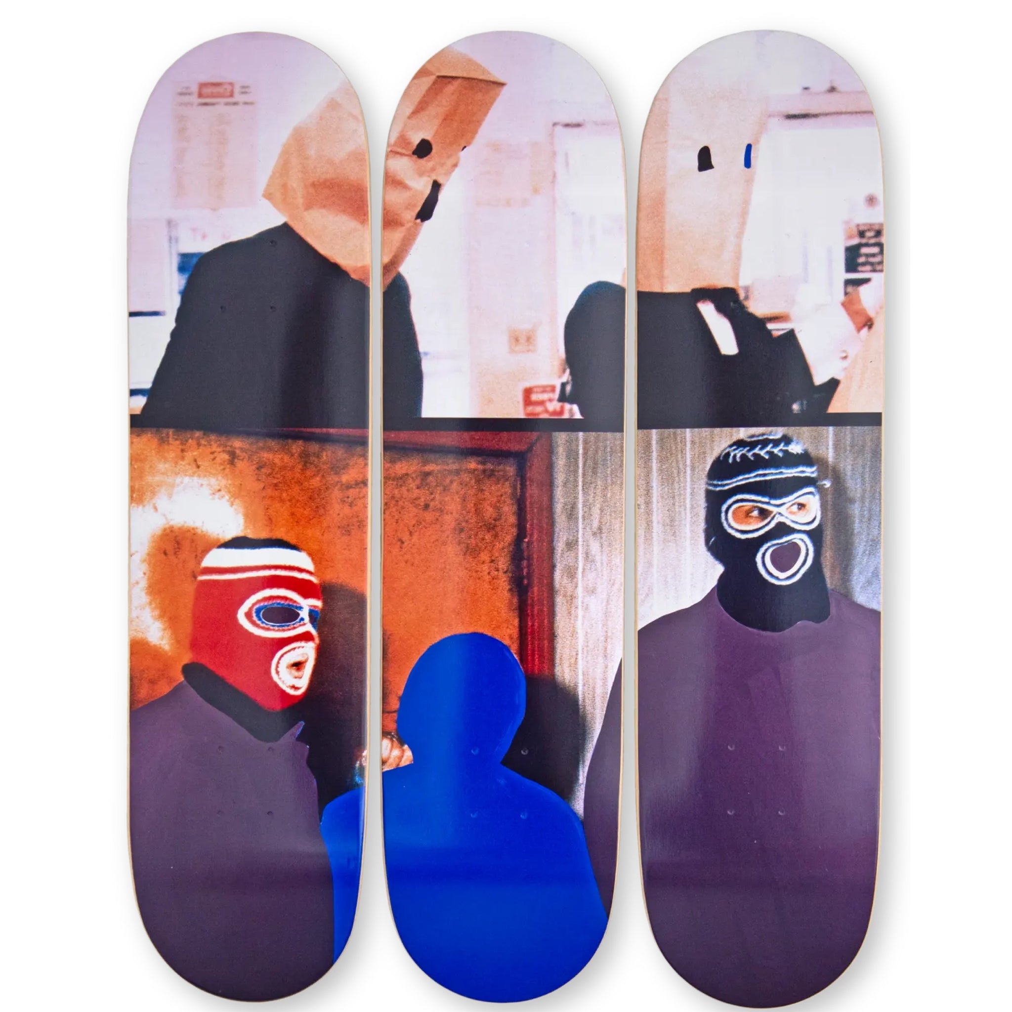 Two Figures and Two Figures (Masked) with Blue Shape, 2025