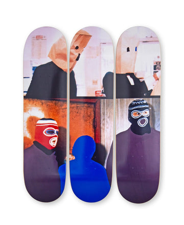 Two Figures and Two Figures (Masked) with Blue Shape, 2025